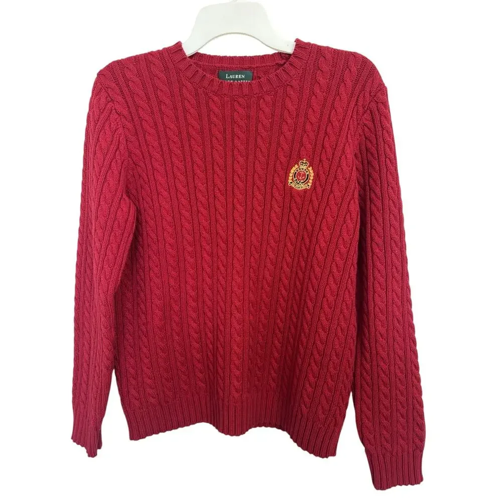 Y2K Lauren Ralph Lauren Red Cable Knit Crewneck Sweater Crest Small Australia